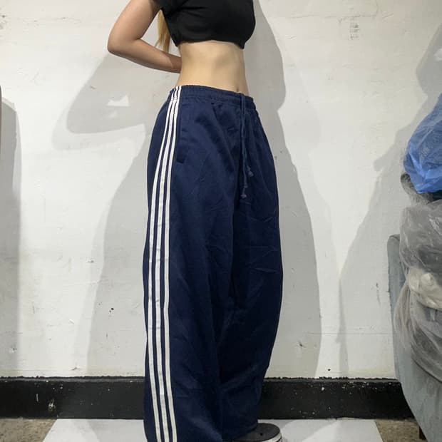 일본 빈티지 네이비 화이트 삼선 와이드 팬츠 L
