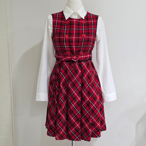 빈티지)00s레드x블랙 타탄체크 캐캐체깔 오네갸루 고딕로리타 플리츠원피스