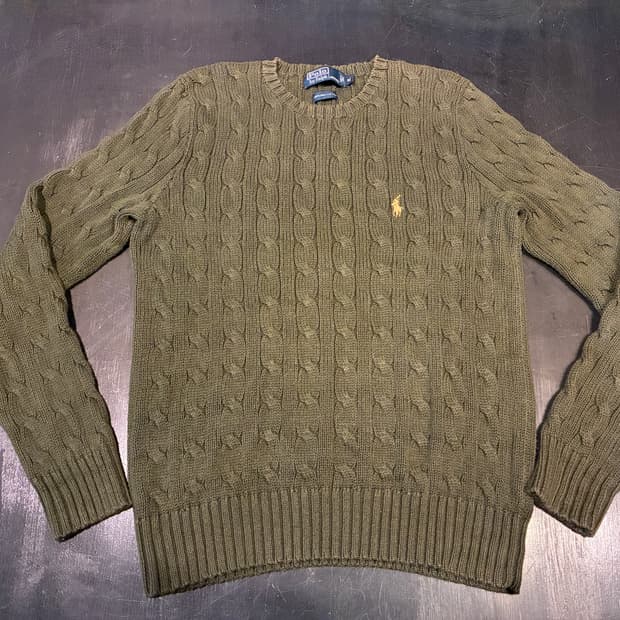 M) 폴로 케이블 꽈배기 니트 코튼 스웨터 올리브