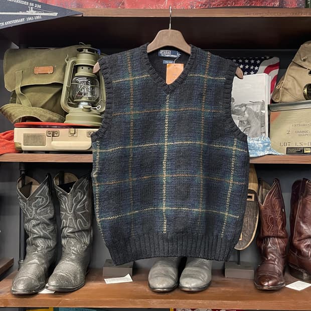 90s 폴로 랄프로렌 헤비 울 브이넥 체크 니트 베스트