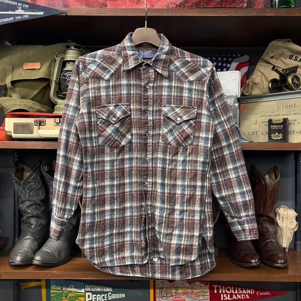 70s 펜들턴 퓨어 버진울 플란넬 체크 웨스턴 셔츠 N448