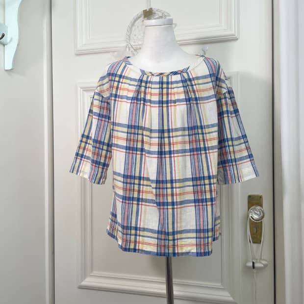 white blue check cotton mori blouse