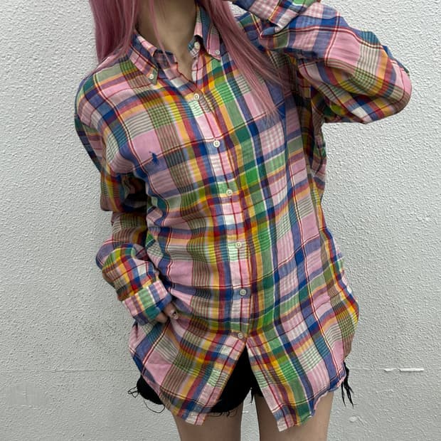 폴로 랄프로렌 블루포니 핑크체크 린넨 셔츠 L