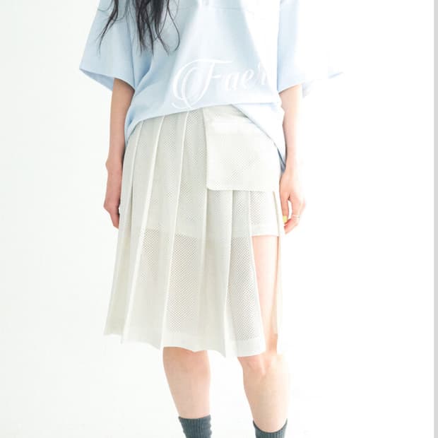 mesh pocket pleats skirt pants (cream)
