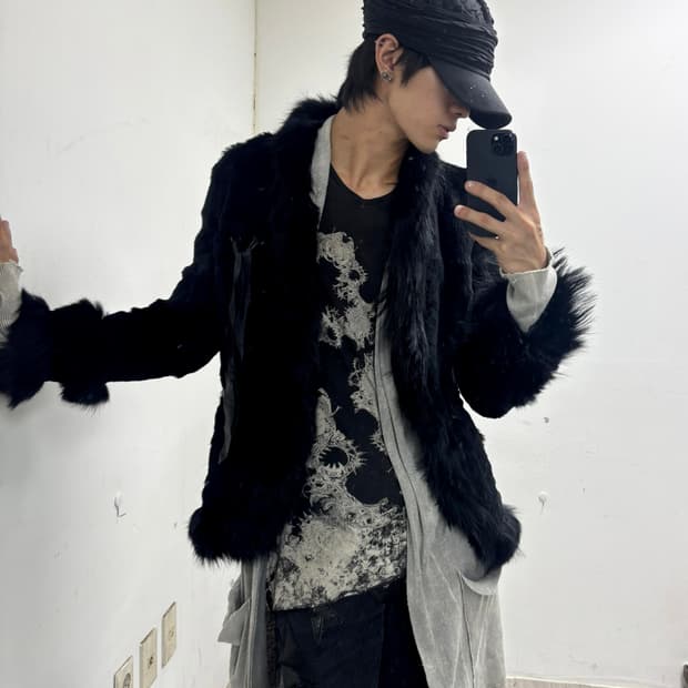 “Vintage” Rabbit Fur Trimming Leather De