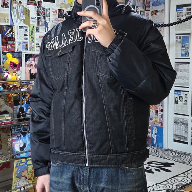 후부 올드스쿨 데님 배색 덕다운 후드 패딩