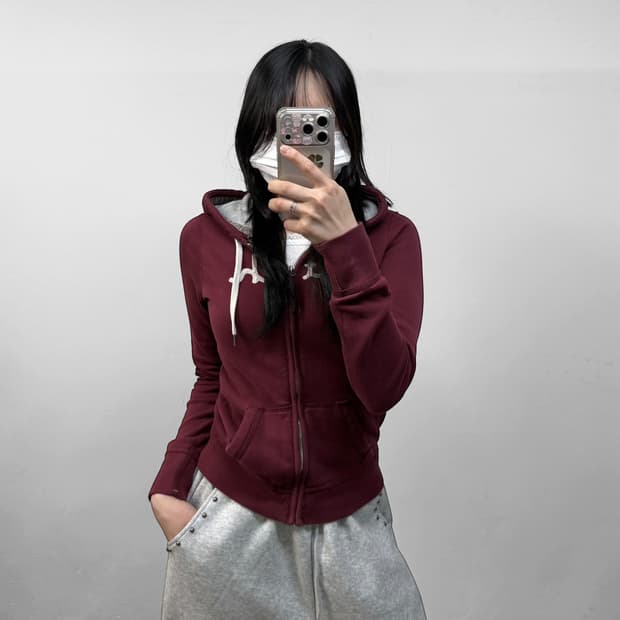 아베크롬비 피치 로고 후드집업 버건디