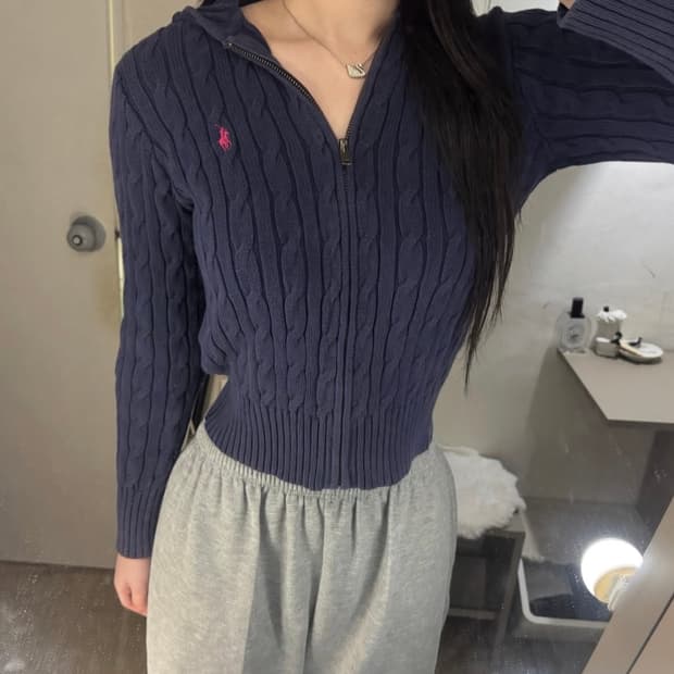 정품 폴로 케이블 니트 네이비 후드집업 