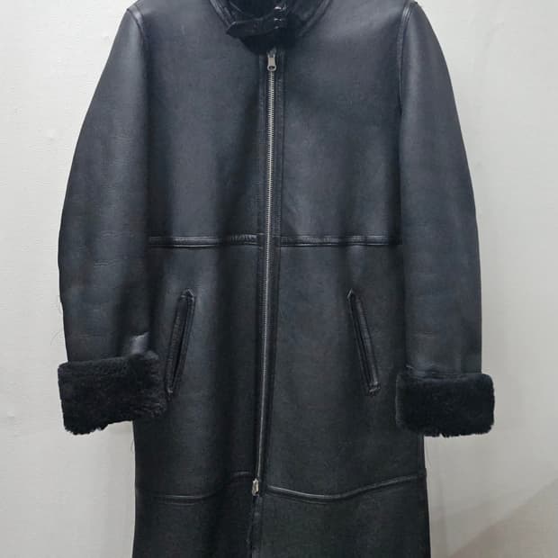 블랙 롱 인조 무스탕 코트 M