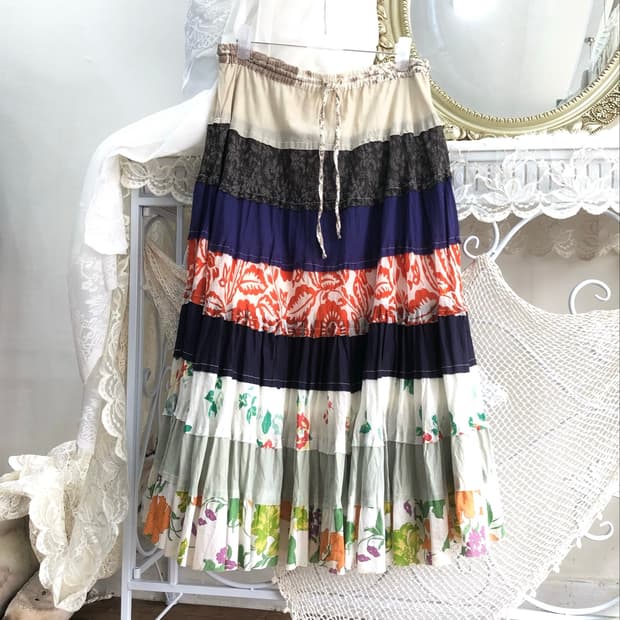 ethnic pattern patchwork tiered long sk