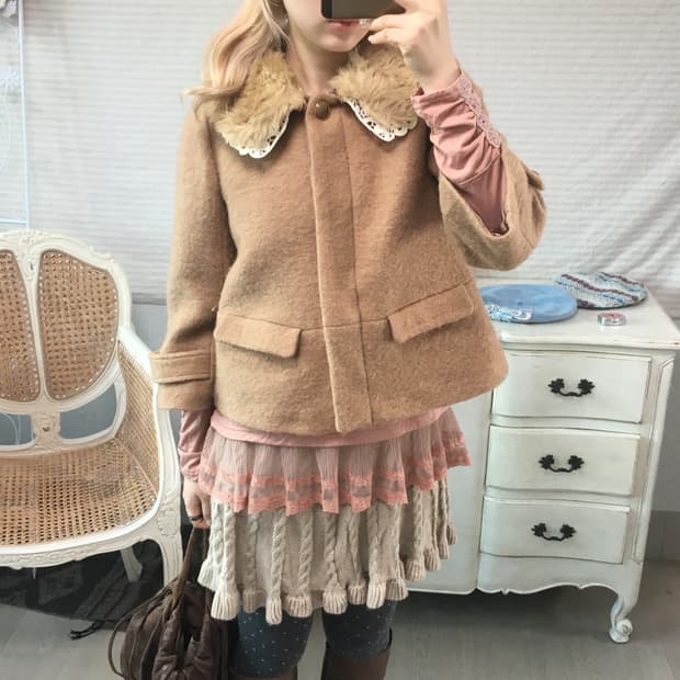 camel deer lace fur-collar wool  jacket