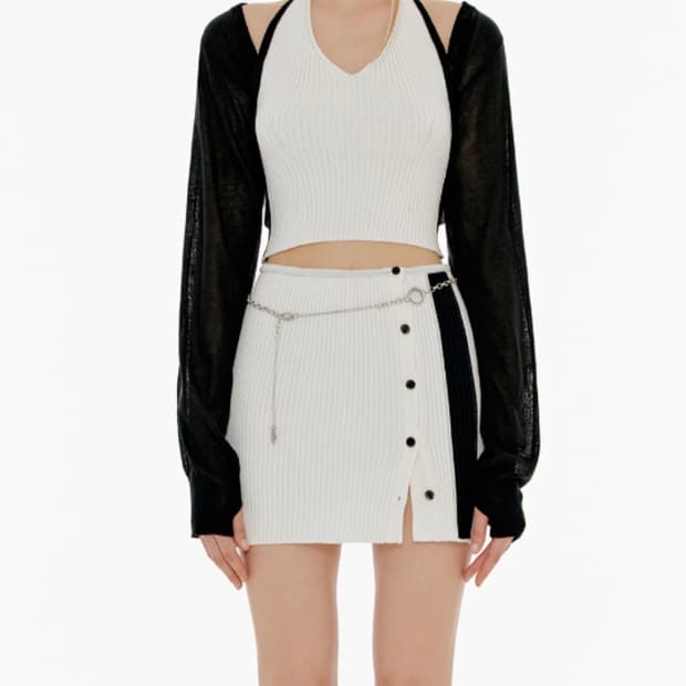 YUSE 유즈 - 썸머 홀터 니트탑 + 볼레로 세트 (블랙)