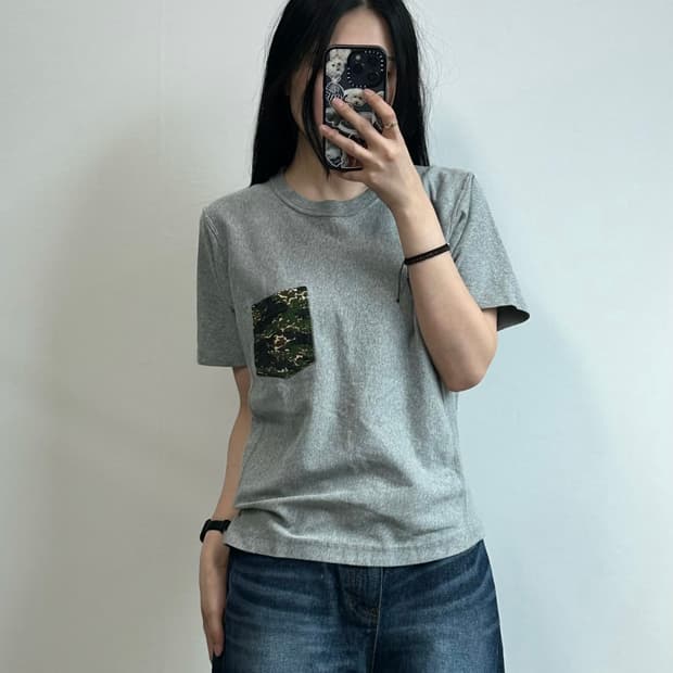 챔피온 카모 포켓 그레이 반팔 티셔츠