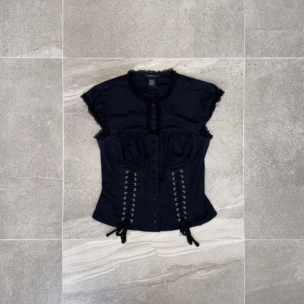Black shirring corset laceup button bl