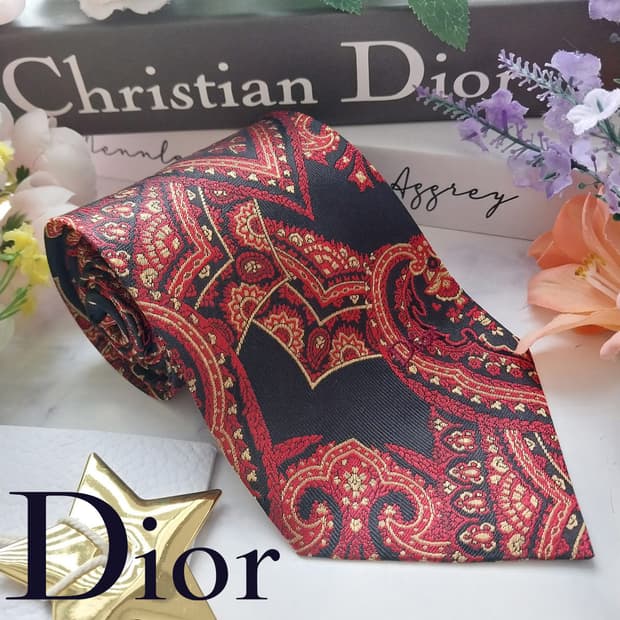 디올 실크 레드&블랙 페이즐리 넥타이 9.5cm A+등급 K1273
