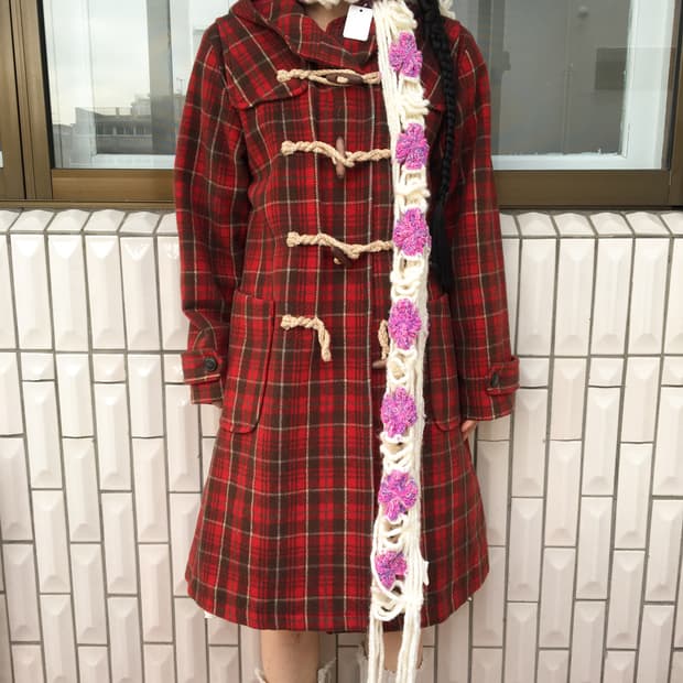 Check pattern duffle button hood coat