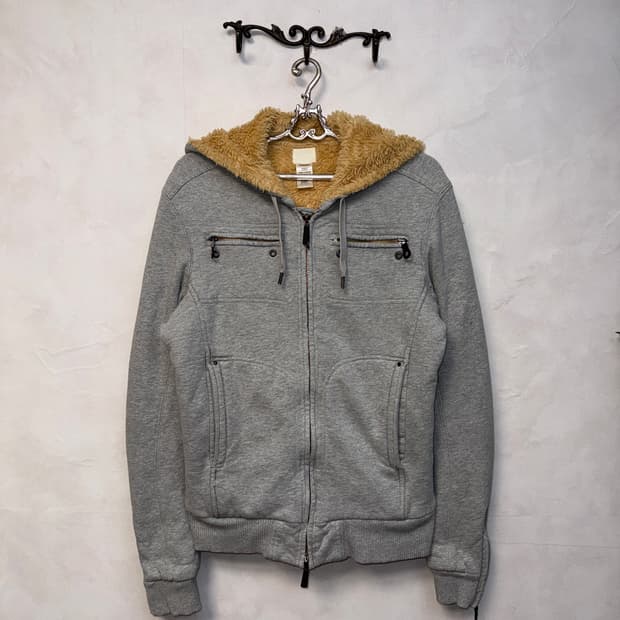 DIESEL gray line detail fur hood zipup