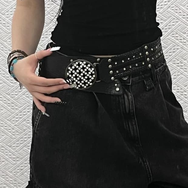 빈티지 스트릿 락펑크 스터드 큐빅 볼드 가죽 벨트 C10328