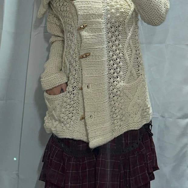 모리 니트 떡볶이 가디건 체크 언발 리본 스커트 코디