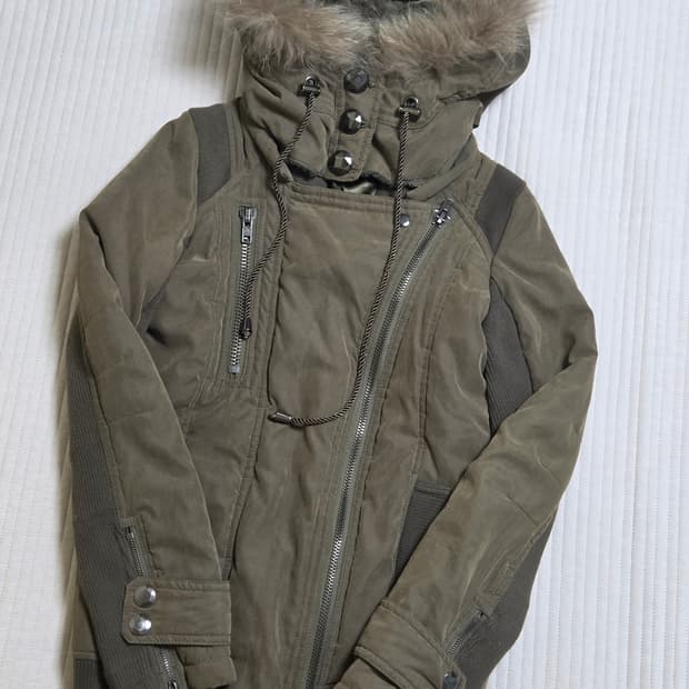 빈티지 카키 퍼 후드 자켓