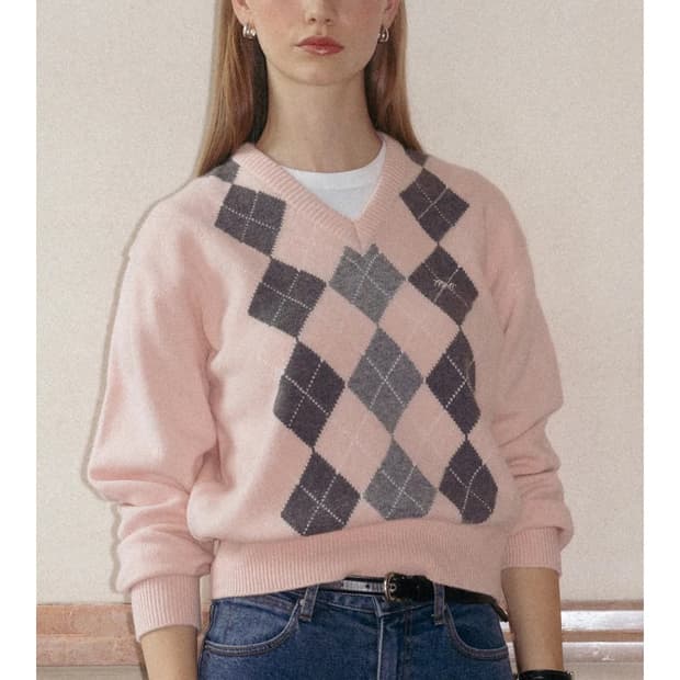 튜드먼트 아가일 울 니트 핑크