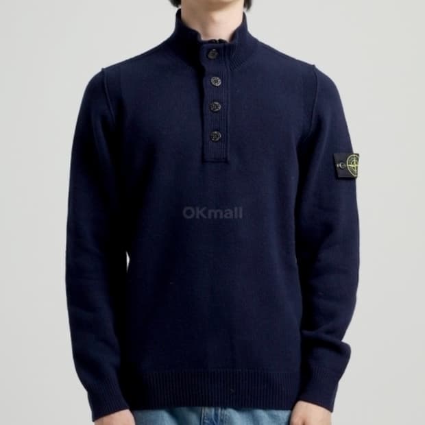 스톤아일랜드 램스울 하프 버튼 스웨터 네이비