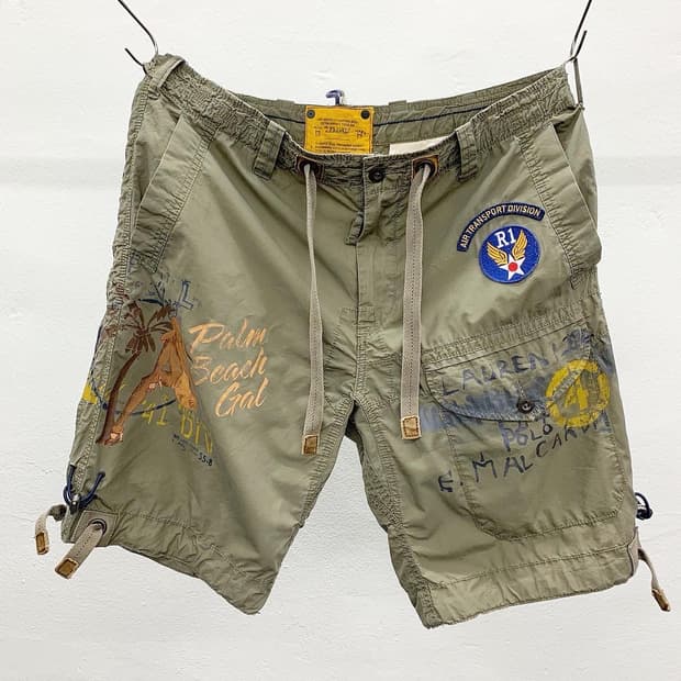 폴로 랄프로렌 카키 빈티지프린팅 와펜 하프팬츠