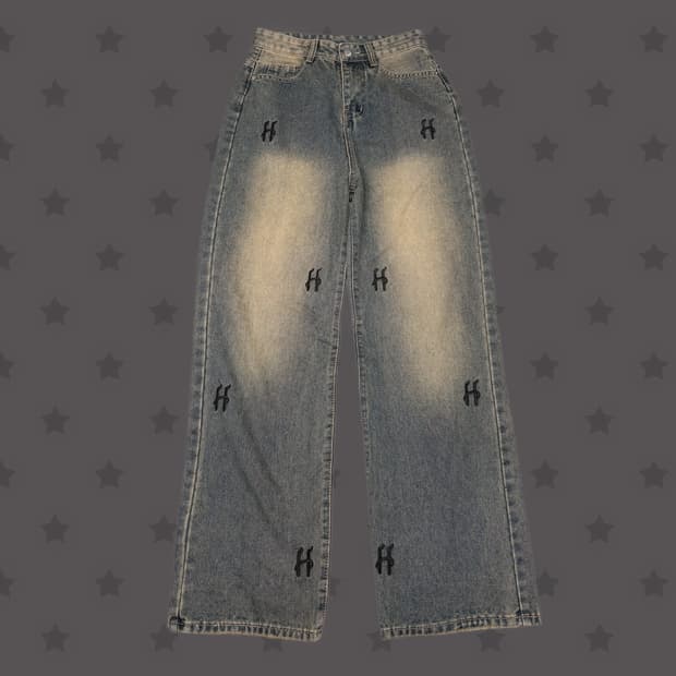 일본 빈티지 워싱 핀터레스트 h 레터링 디테일 데님 와이드 팬츠 