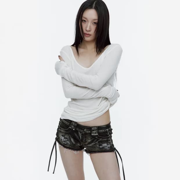 러프넥 레이스업 사이드 워시드 숏 팬츠