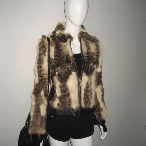 빈티지 토끼퍼 레더 자켓 레오파드 호피 갸루