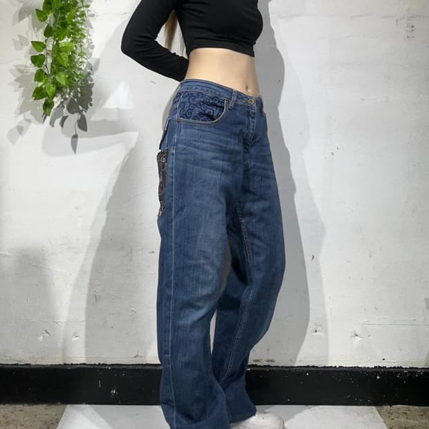 일본 빈티지 중청 대장급 오리엔탈 자수 포켓 와이드 데님 팬츠 청바지