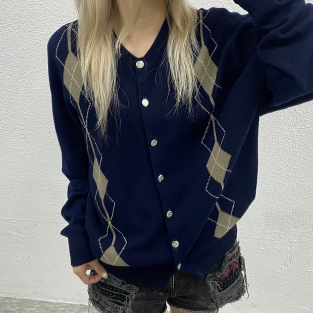 버버리 클래식 아가일체크 네이비 가디건