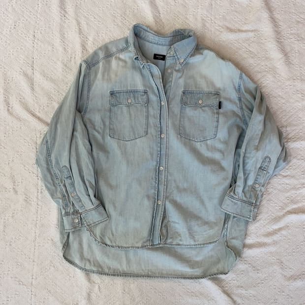 [90] 시스템 여성 투포켓 데님 청 오버핏 롱셔츠