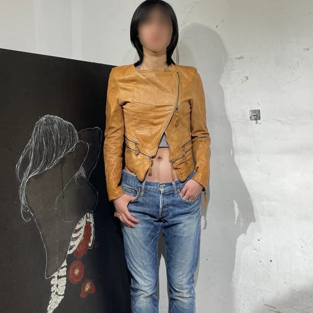 일본빈티지 양가죽 지퍼 디테일 펑크 크롭 레더 자켓  M