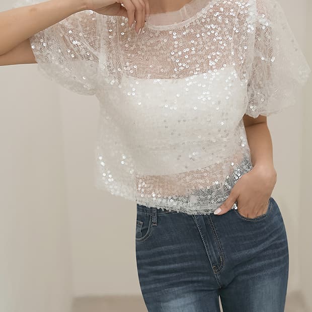 화이트 스팽글 시스루 퍼프 블라우스 55~66