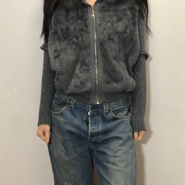 빈티지 그레이 퍼 니트 집업