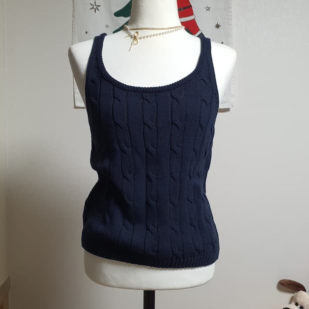 [빈티지] 꽈배기 니트 끈나시 네이비