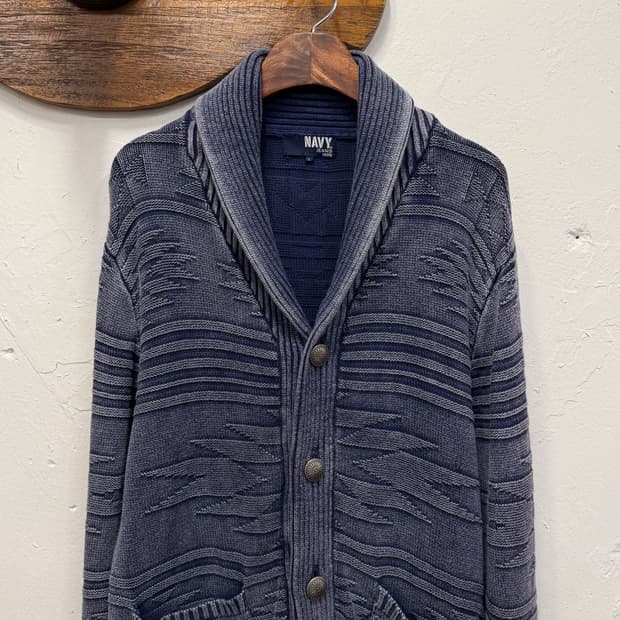 L) NAVY Cotton Shawl Collar Cardigan