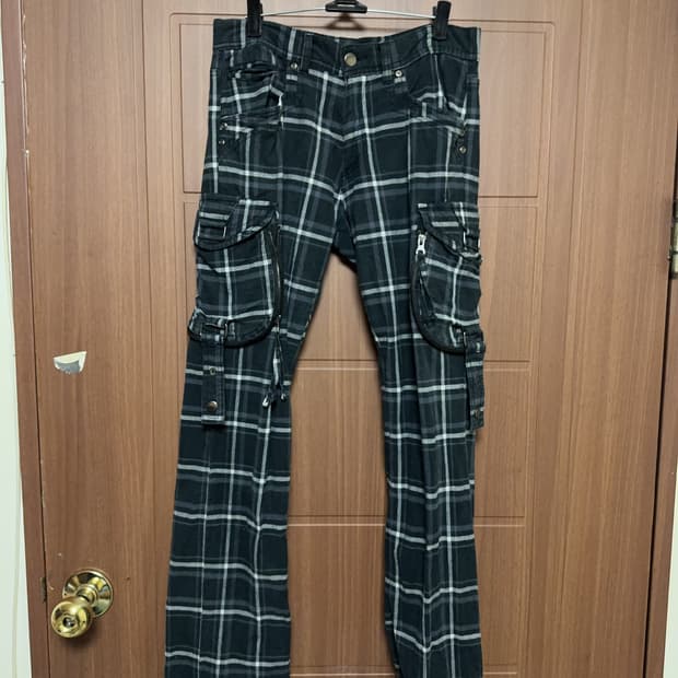 빈티지 중성계 서브컬쳐 락 펑크 체크 사이드 포켓 카고팬츠