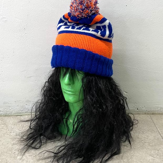 orange lettering blue bell beanie