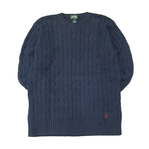 CL094 S 로렌 랄프로렌 레드 크레스트 자수 다크 네이비 케이블 니