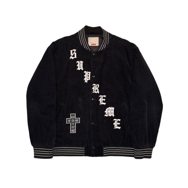 슈프림 올드 잉글리쉬 코듀로이 바시티 자켓