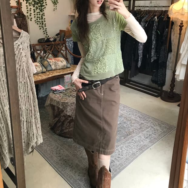 빈티지 말차 레이스 아플리케 캐주얼 히피 코디 세트