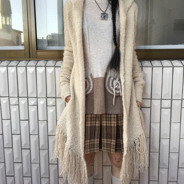 Fringe point open knit cardigan