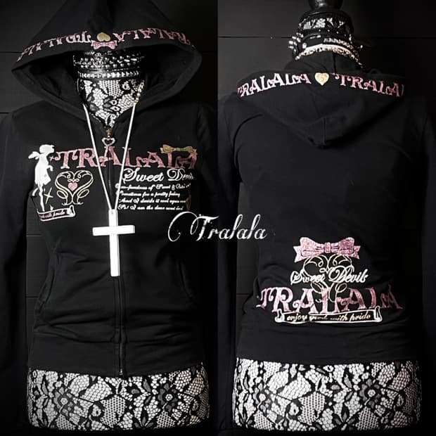 TRALALA 트랄랄라 갸루 핑크 레터링 블랙 후드집업
