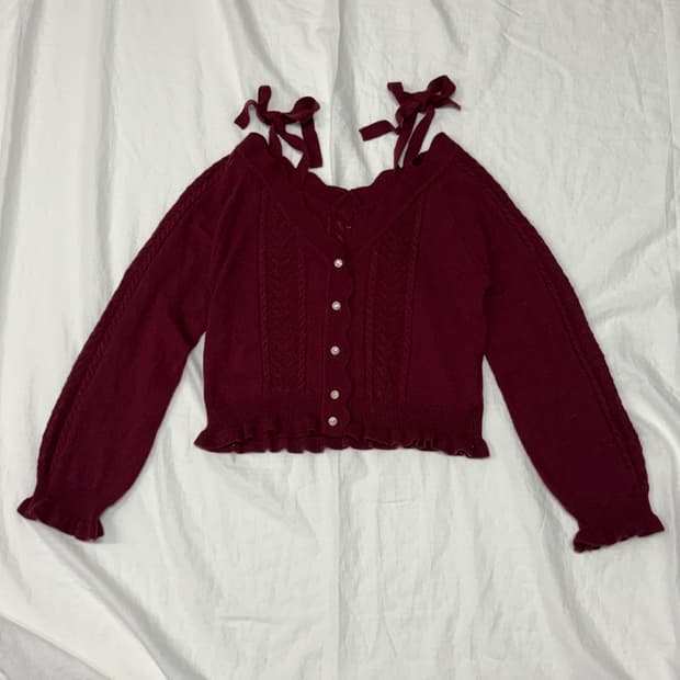 axes femme 레드 오프숄더 리본 가디건