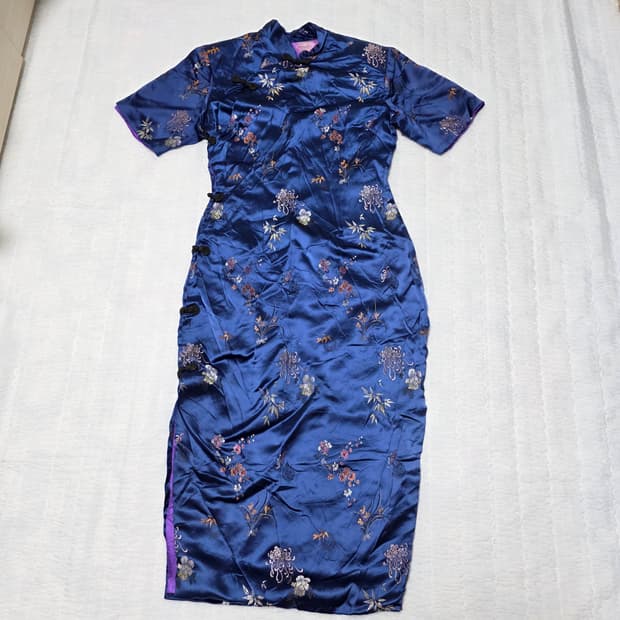 중국빈티지)블루 자수 치파오 롱원피스