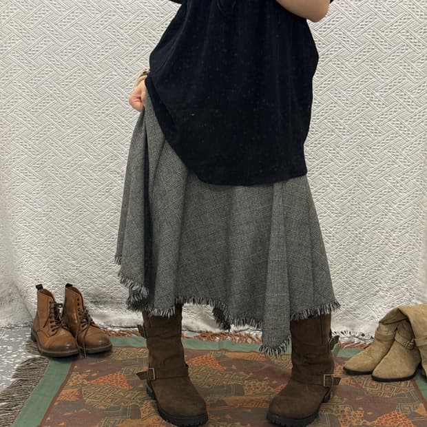 빈티지 모직 헤링본 에스닉 태슬 언발 롱스커트 K0084