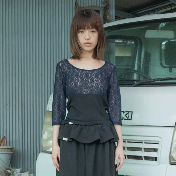피브스피브스 Sheer Lace Rib Top / Navy