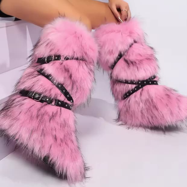 핑크 퍼 스트랩 부츠 